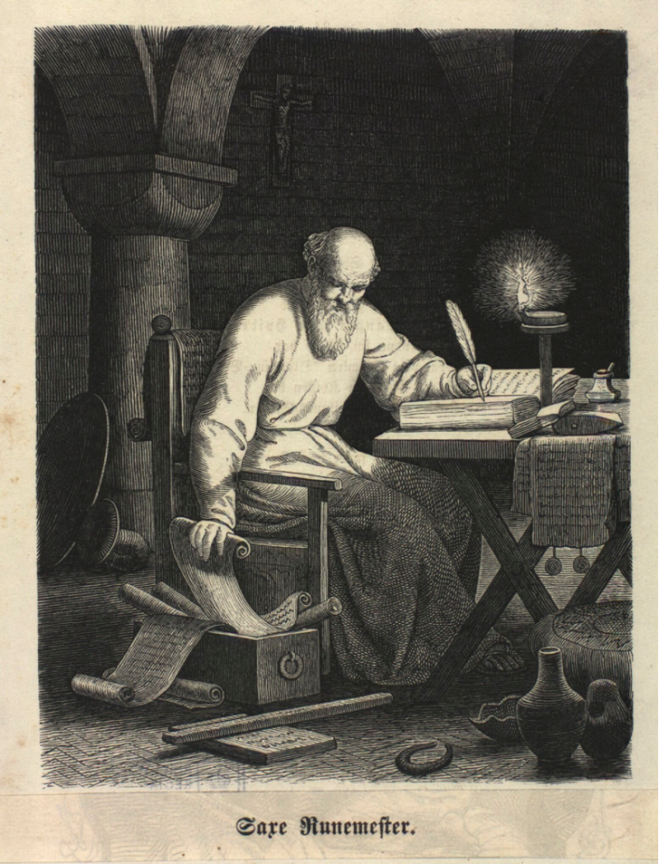 An old painting of an elder man sitting by a table writing with a feather