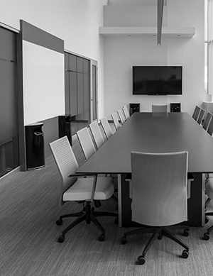 An empty meeting room, black and white