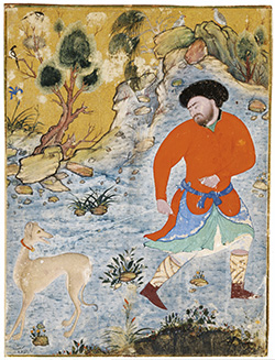 A painting of nature with a deer to the left and a man with a turban in traditional looking orange clothes to the right