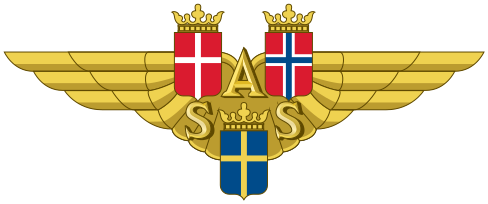 gold emblem with wings with the Swedish, Danish and Norwegian flags incorporated