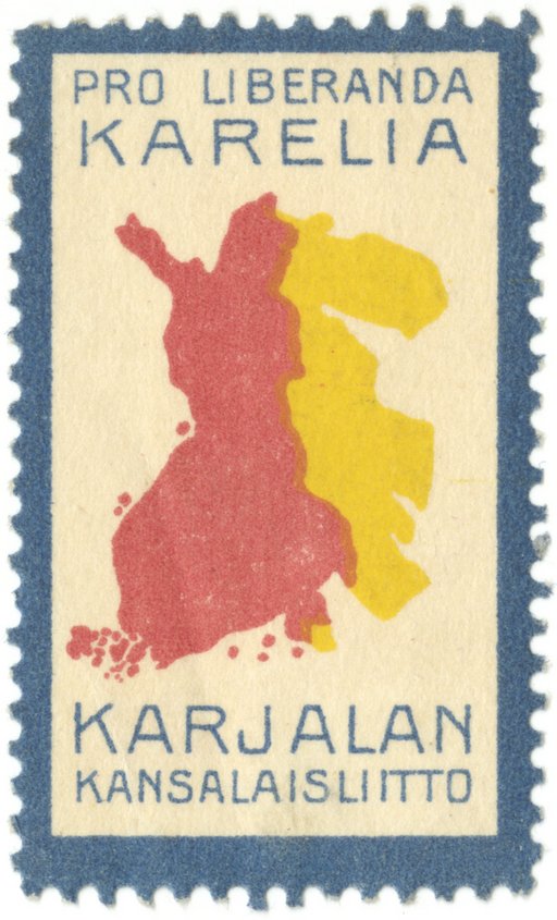 A picture of an adhesive stamp. In the middle is Finland in red and Karelia in yellow on a white background. The outer edges of the stamp have a dark blue postal stamp-look to them. At the top of the stamp is the text 'pro liberanda Karelia'. At the bottom is the Finnish text for 'Karelian Civic Federation'.