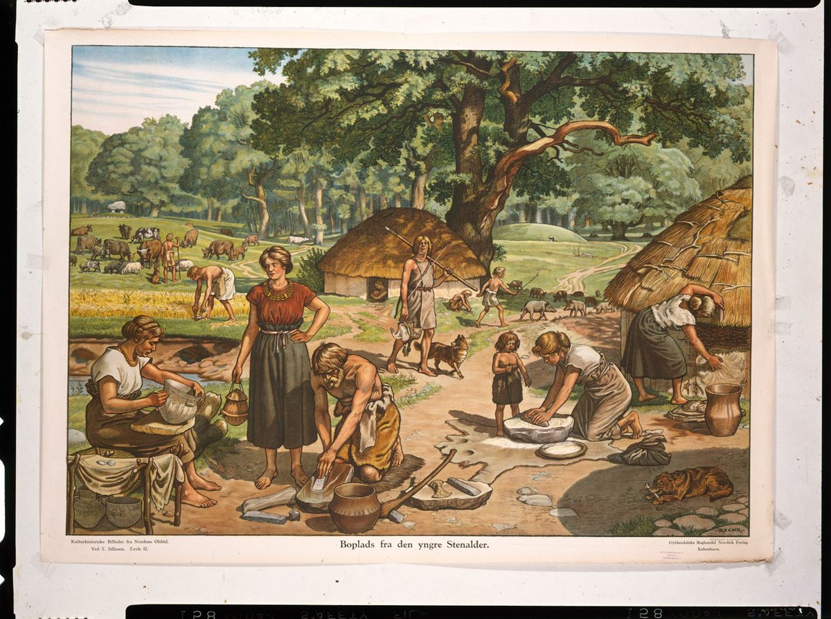 A drawing of a settlement. In the foreground are two women and a man working on pottery. In the middle-ground are a woman and a child grinding somehting on a stone, and a man with a spear and a dog. In the background are several stone huts with thatched roofs.