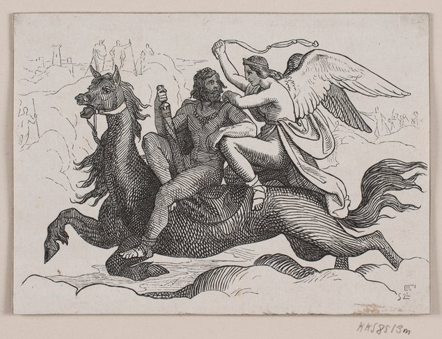 A drawing of a man (looks wealthy) riding on top of a dragon. Behind her sits a woman with wings - perhaps an angel