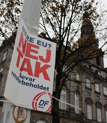 Poster from the Danish Peoples Parti (Dansk Folkeparti), saying: "More EU? No Thanks". The poster was a part of their Eurosceptic campaign in 2015.