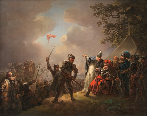 A painting of a war going on, where everyone stops to look at the Danish flag that is falling from the sky