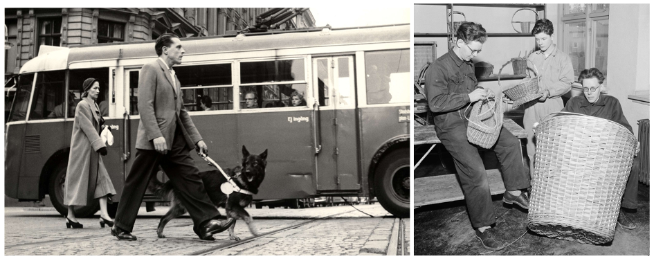 Two pictures. The first one shows a blind man walking with his dog, the other shows three people weaving baskets