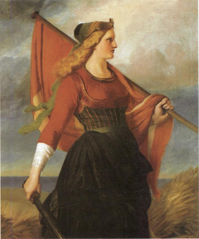 Painting of a lady looking towards the right. She is wearing a traditional long dress in colours red and black and carrying a large flag on her shoulder