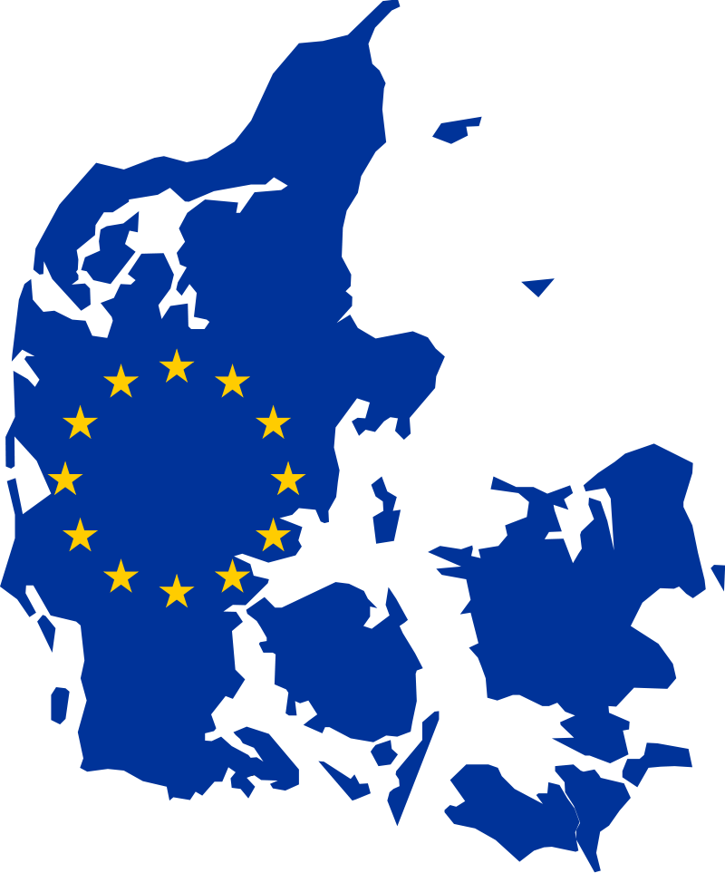 Blue map of Denmark with the european union stars superimposed over it