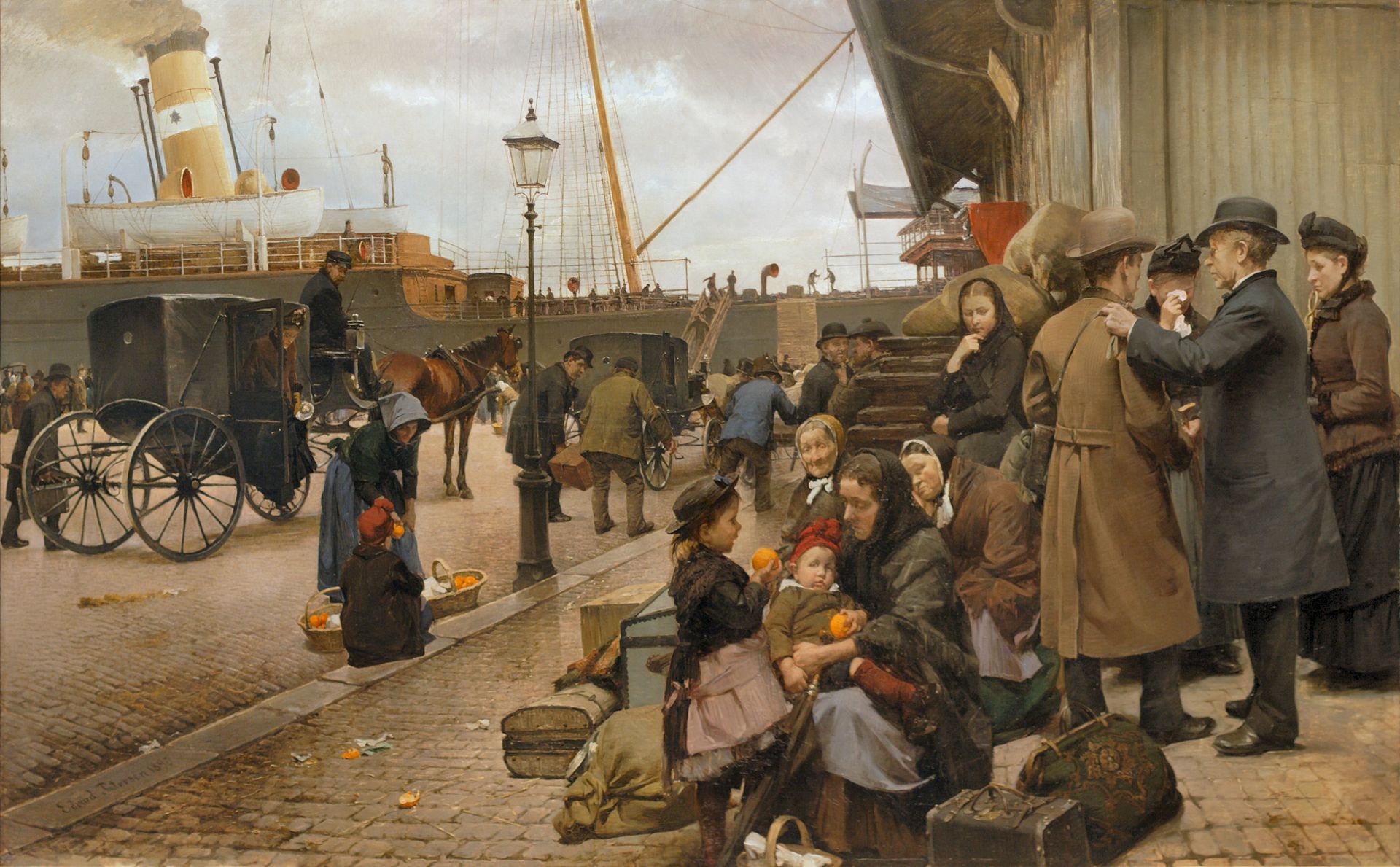 Old water colour painting of people in a harbour area with ships in the background
