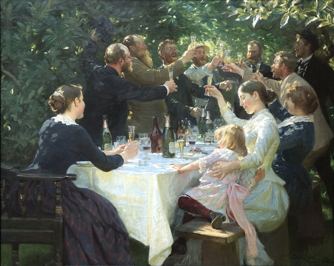 Painting by Peder Krøyer, showing af group of people at a table outside.
