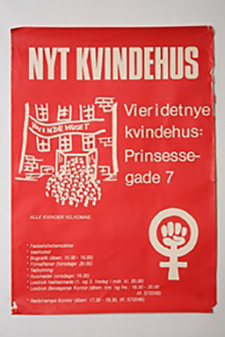 This poster advertises the move to Prinsessegade 7 of one such house. In the bottom lefthand corner, it states, "birth preparation, workshop, book cafe, film evenings, clothes-swapping, house meetings, lesbian meetings, Lesbian Movement and Redstocking Office. It is red with light yellow font.