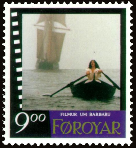 Faroe stamp with still from Nils Malmros' film Barbara, set in the Faroe Islands. On the still is a person rowing a small boat.