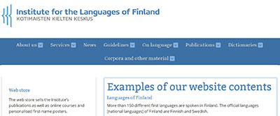 Screenshot from the website Institute for the Languages of Finland