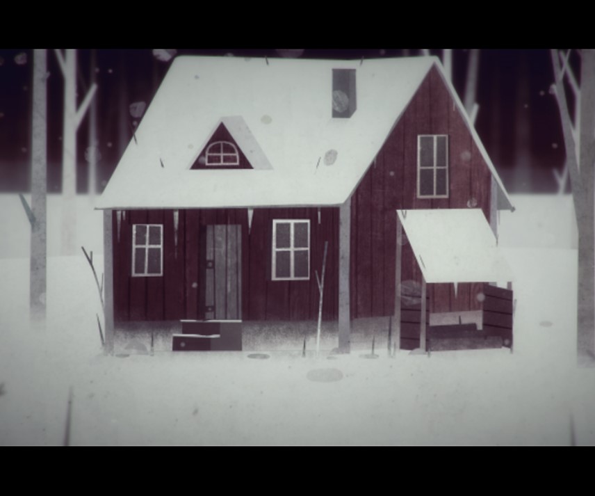 An example of visual darkness from the game YearWalk - a cabin in the woods, covered in snow.