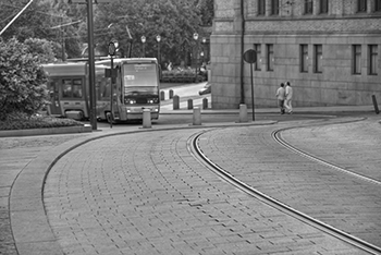 black and white photo of an empty street