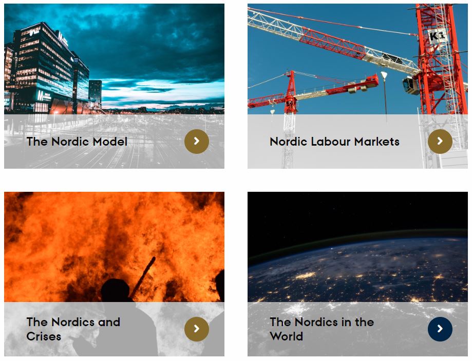 Screen shot of different boxes that you can choose from with different pictures associated with their title like Nordic Labour Markets