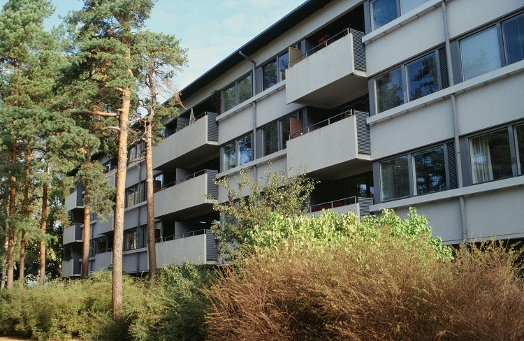 A housing complex, it looks like it is in the middle of the woods with trees and bushes. 