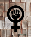 The logo for feminism (a fist with the woman gender symbol) with books in the background.