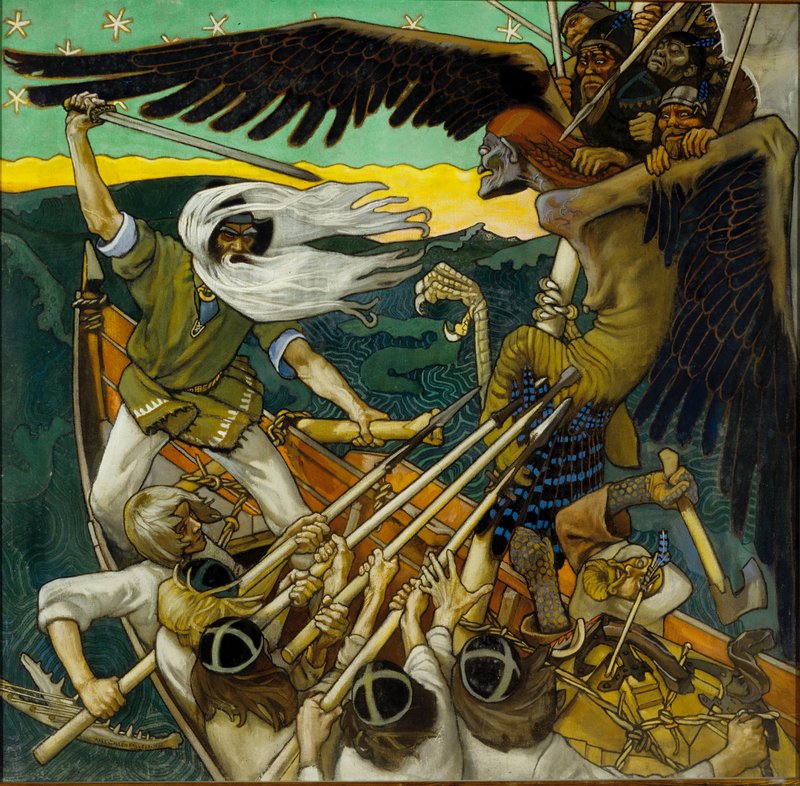 An illustration of a battle scene in a boat on the sea. A slender man wearing a green tunic and white pants with a long white beard is standing up with a sword in his hand. He is fighting an eagle-like creature which has a human face, big black wings, and eagle claws. The creature has grabbed onto the mast of the boat, and has several soldiers on top of it. In the boat are also several other people all poking the creature with spears.