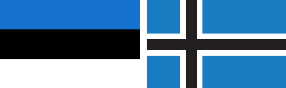 Two flasg side by side. Both are blue, white and black. The original Estonian flag is three horisontal lines while the Nordic style flag is a lying cross.