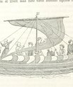 A drawing of a long Viking ship on the sea. Eight people are on board of the ship and facing different directions.