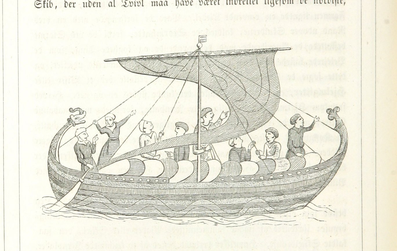A drawing of a long Viking ship on the sea. Eight people are on board of the ship and facing different directions.