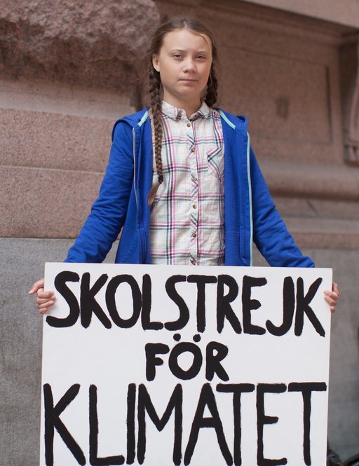 Greta Thunberg holding up a sign in Swedish saying "School strike for the climate". The sign is very big and covers her from the waist down. It is white with black text. She is wearing a checkered shirt and a blue sports coat, with her hair in braids. She looks very determined at the camera.