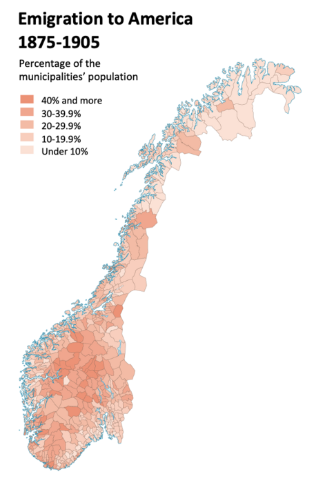 A map of Norway highlighting how many Norwegians emigrated to America during 1875-1905.