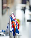Assortment of Nordic flags on a desk