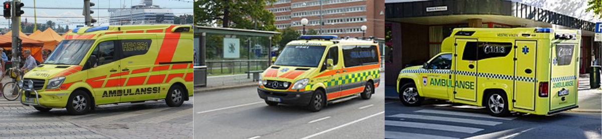 A collage with three pictures. in each picture, there is an ambulance, they all look a bit different since they are from different countries. What they have in common is the neon yellow colour.