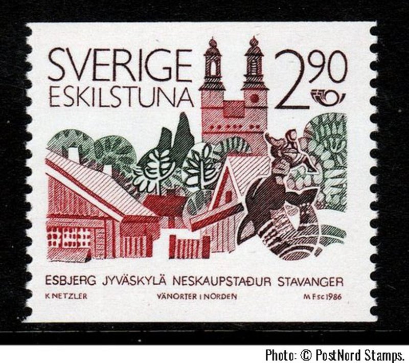 A postal stamp that says SWEDEN with a drawing of different monuments like a tower-like building and statues. At the bottom, there is a list of different citiies.