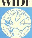 A poster with a white logo of a bird in front a globe on a blue background. In the top of the poster a black text says "WIDF" on a white background. Beneath the logo is the text "founded on December 1, 1945.