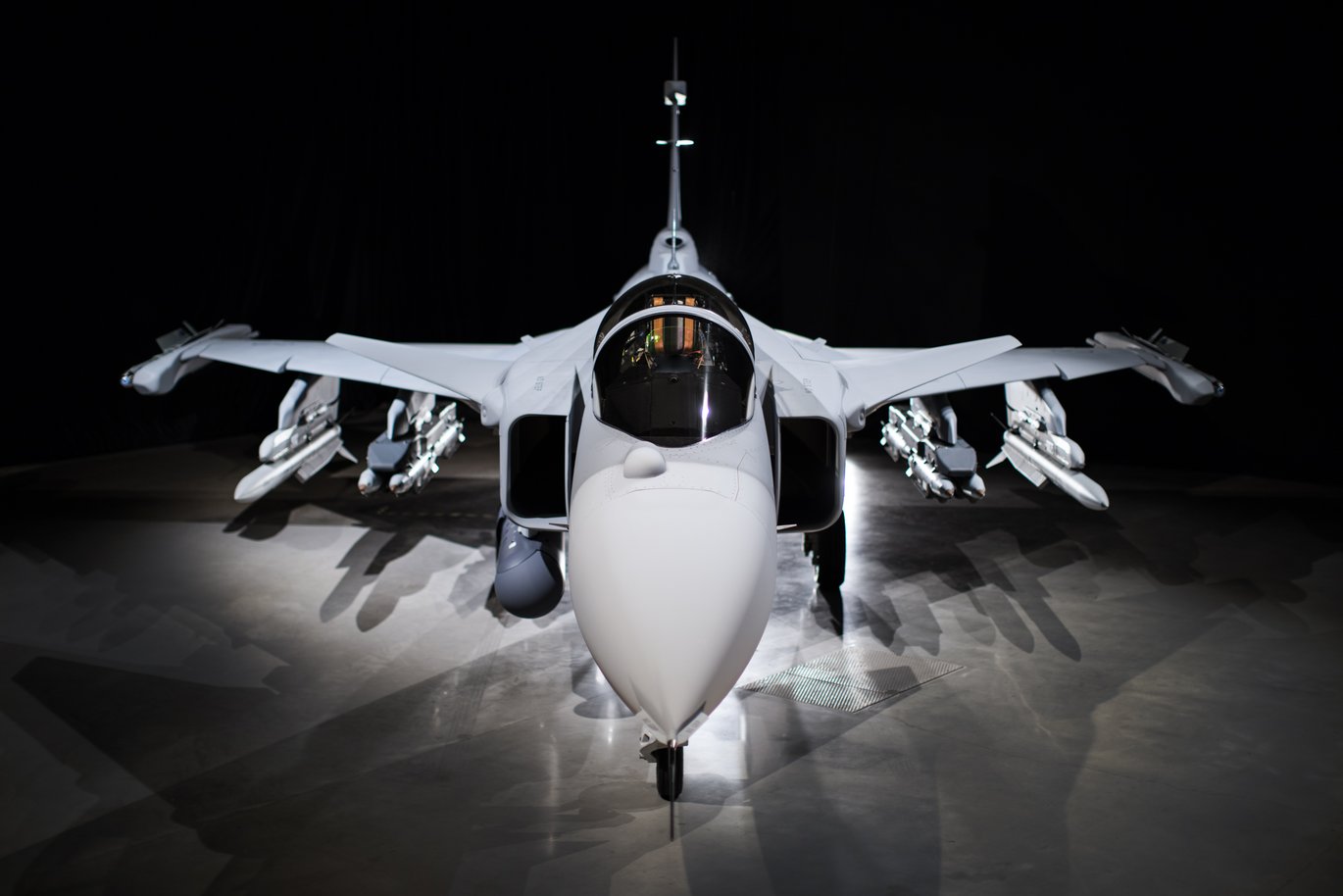 The Saab Gripen E-series fighter jet in the Swedish Air Force livery.