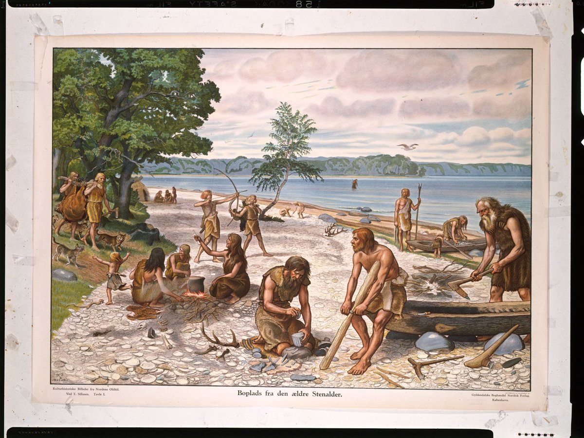 A drawing of a beach with several people on it. They are all waring hide and working with primitive tools to make weapons and boats, cooking, and wood-work.