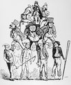 Caricature of people in a pyramid: King at the top, supported by the upper class with floss hats, again supported by the many workers