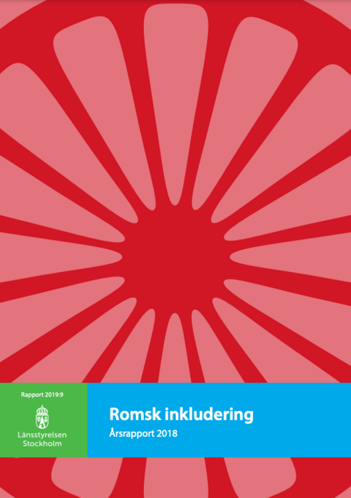 The front cover of a report in a bright red color. The title is 'Romsk inkludering' which in Swedish means 'The inclusion of Rome'.