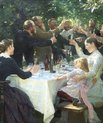 Painting by Peder Krøyer, showing af group of people at a table outside.