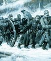 Paiting of a group of grown men pushing a large cannon up a cliff. It is winter as there is snow on the ground and it's snowing