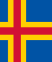 Flag of Åland which has a blue background with a red lying cross. The red line has a yellow outline.