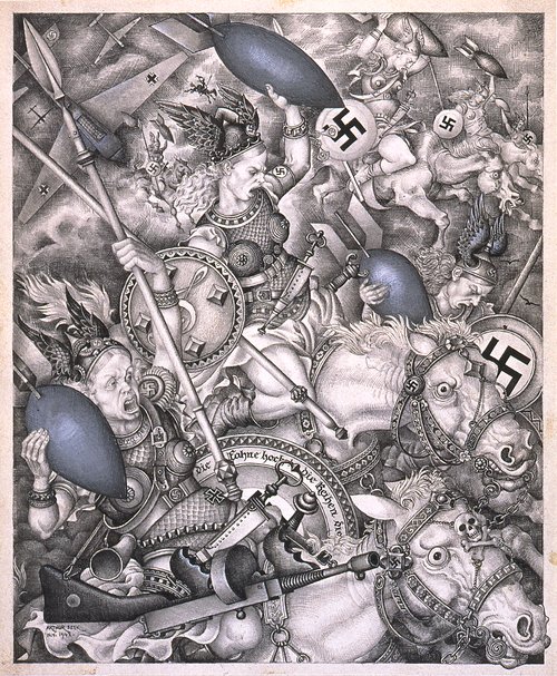 A paiting of horses and horseriders in battle. In their hands, they have shield and spears. They look angry/furious. The Nazi sign also shows twice in the painting.