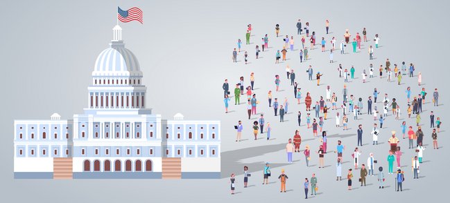 A vector image of the American senate with a variety of different cartoon people of various shapes, sizes and colours outside on a white background.