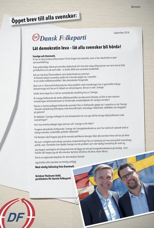 Advert from the Danish People's Party in the Swedish newspaper Expressen encouraging people to vote for the Swedish People's Party in the upcoming Swedish Elections (2018). 'Let democracy live - allow all Swedes to be heard!' (Låt demokratin leave - låt alle svenskar blive horda).