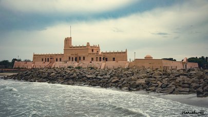 Danish fort in Tranquebar Harishwar. Beside it are rocks and the sea 