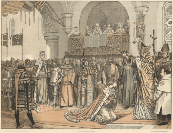An old painting of a royal/formal party with a crowd of people in dressing gowns