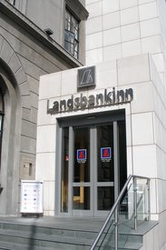 The entrance to a bank, Landsbankinn