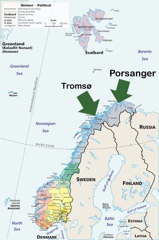 Map of Norway showing where Trømso (far North East) and Porsanger (further north still) are with arrowsd P