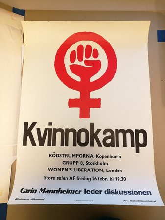 A poster with the feminist symbol with a red fist and the woman gender symbol