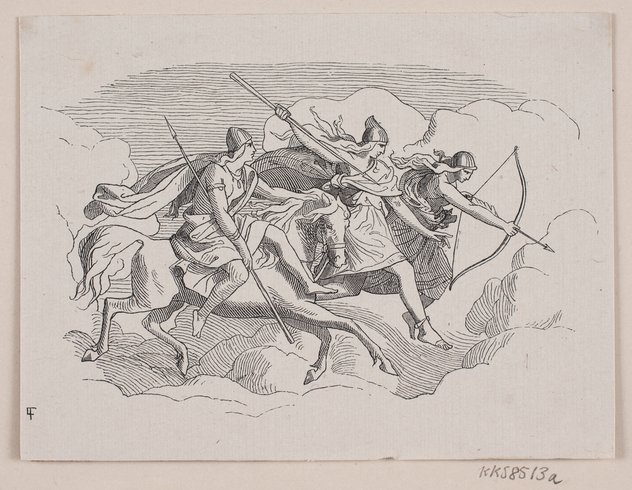 A drawing of three valkyries (people) in full motion, each riding on a horse holding spears