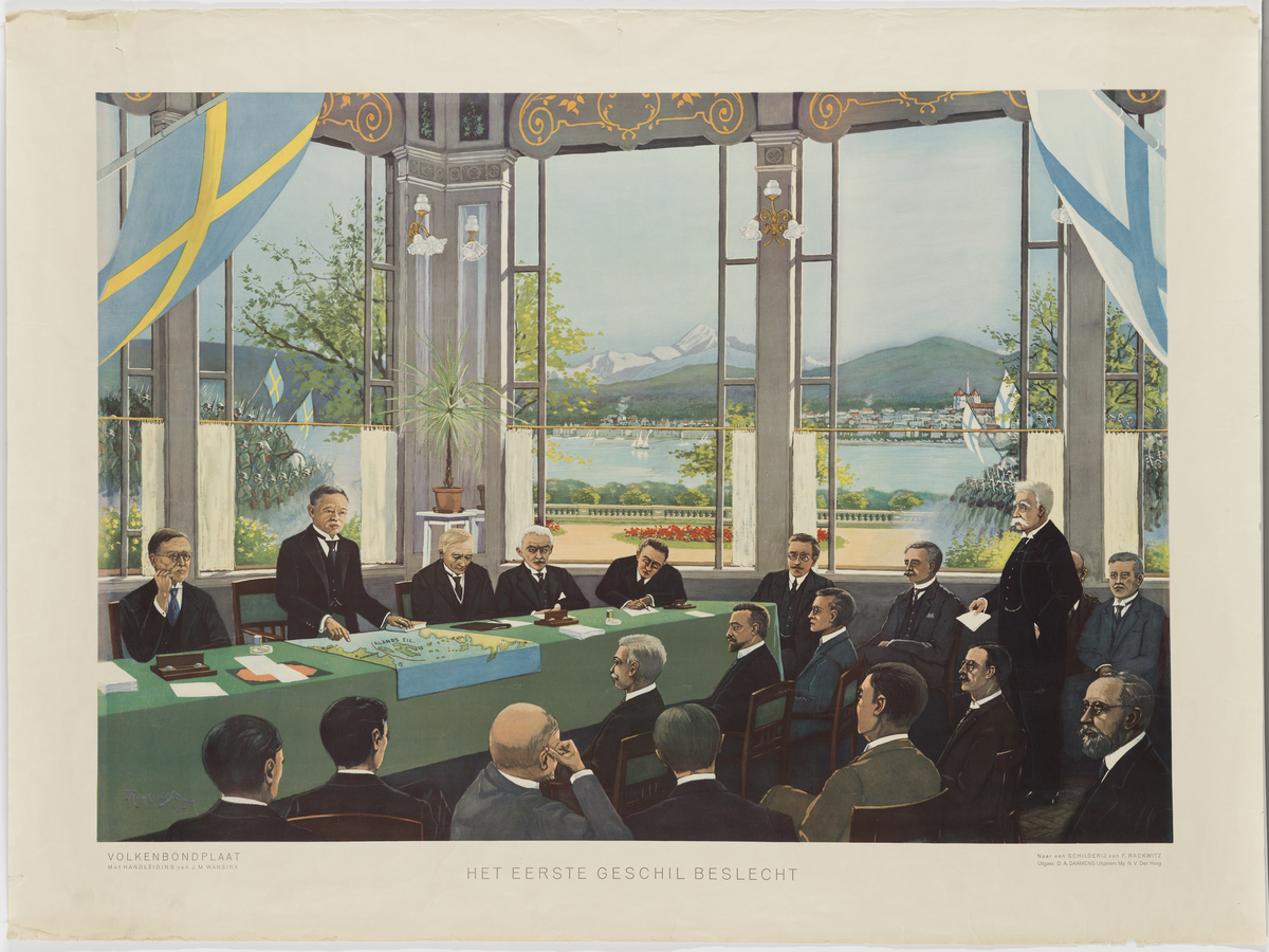 A drawing of a lot of men in black suits sitting around a long table in a big room with windows. The Finnish and Swedish flags are hanging in the room.