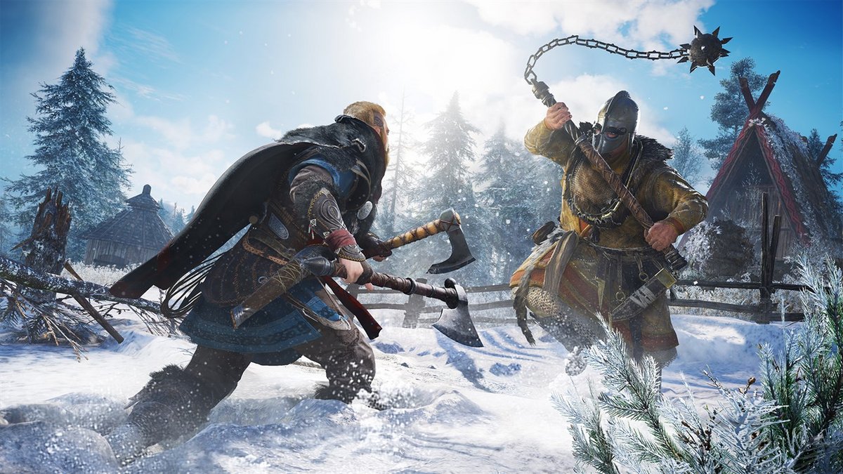 Pictured is a screenshot from the videogame Assassin's Creed: Valhalla. Two Vikings are fighting in a snowy setting. The Viking has his back towards the camera and is wielding two axes. The Viking he is fighting is wielding a big mase with a spiked head on a chain.